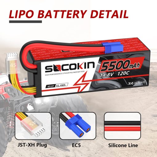 Bateria Lipo 4S Socokin 5500mAh 14.8V 120C con Conector EC5 Estuche Rigido para Coche RC Camion Tanque Buggy Truggy Modelo de Carreras Hobby (Pack de 2) - Imagen 2