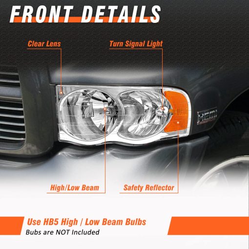 Faros delanteros AXLAHA 2002-2005 para Dodge Ram 1500/2500 3500 2002 2003 2004 2005 Conjunto de ensamblaje de faros delanteros con carcasa cromada y reflector transparente de repuesto para lado del conductor y lado del pasajero - Imagen 3