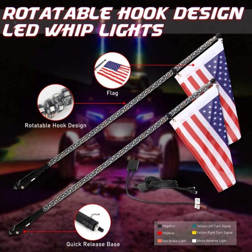 Luces de latigo LED de color de ensueño, señal de giro y freno y advertencia, control remoto, Antena de luz en espiral de baile de 360 grados, Paquete de 2PCS Luces de latigo LED RGB para UTV ATV RZR Fuera de carretera Camiones 4X4 Buggy Duna, 3FT - Imagen 6