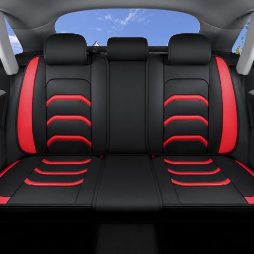 Juego de cubiertas de asiento para automovil JielinKar de 5 asientos, tipo universal, apto para la mayoria de los autos, SUVs, camionetas con airbags, compatible con cojin de asiento de automovil de cuero sintetico (Negro-Rojo) - Imagen 3