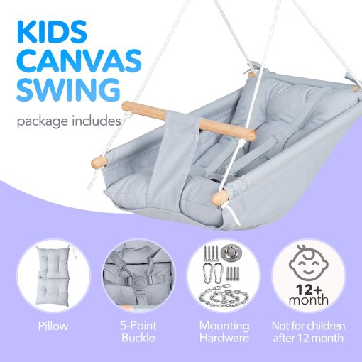 CaTeam - Columpio para Ninos de Lona, Asiento Columpio de Madera con Cinturon de Seguridad, Resistente Silla Columpio para Ninos, Columpio para Interiores y Exteriores para Ninos, Incluye Hardware de Montaje, Gris Azul - Imagen 3