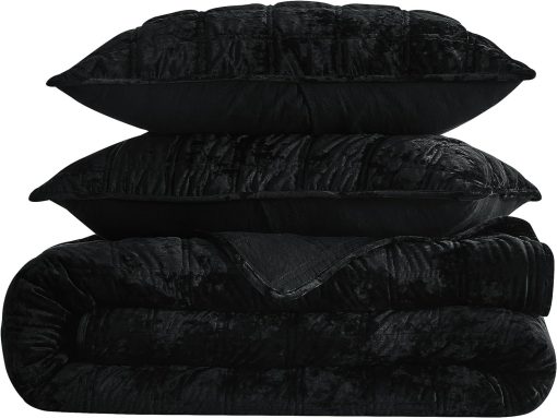 Set de Colcha de Terciopelo Negro Chezmoi Collection Piers Oversized King, Juego de 3 Piezas de Ropa de Cama de Terciopelo Difuso Lujoso y Ligero para Todas las Estaciones - Reverso de Microfibra Cepillada con Doble Costura Cuadrada - Imagen 9