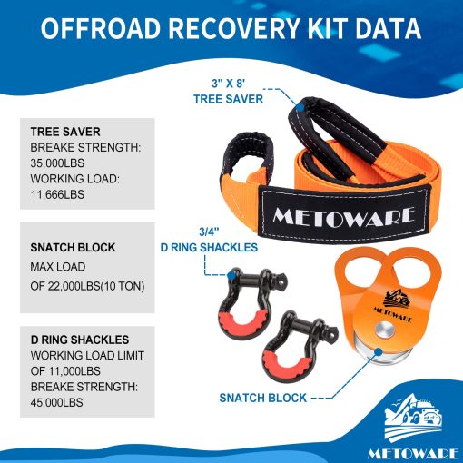 Kit de Recuperacion Todo Terreno METOWARE - Polea de Bloqueo para Cabrestante de 10 Toneladas, Correa de Salvamento de 3" x 8 pies y 2pk de Grilletes en D de 3/4" - Imagen 2
