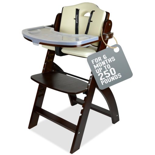 Silla alta de madera Abiie Beyond Junior con bandeja. La solucion perfecta de silla alta ajustable para tus bebes y ninos pequenos o como silla de comedor. 6 meses hasta 250 lb. Madera de caoba / Cojin de crema