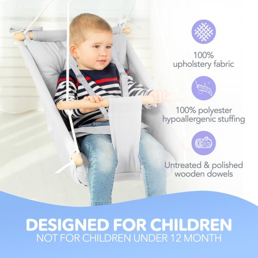 CaTeam - Columpio para Ninos de Lona, Asiento Columpio de Madera con Cinturon de Seguridad, Resistente Silla Columpio para Ninos, Columpio para Interiores y Exteriores para Ninos, Incluye Hardware de Montaje, Gris Azul - Imagen 2