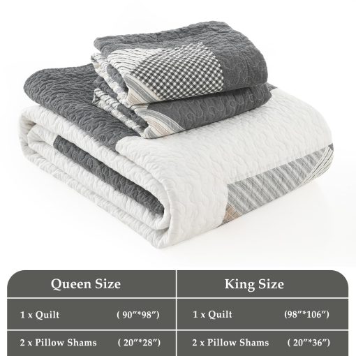 Juego de Edredon CozyStitch King - Set de Ropa de Cama Acolchado de Estilo Granja 100% Algodon con 3 Piezas en Gris Oscuro/Blanco/Marron - Imagen 5