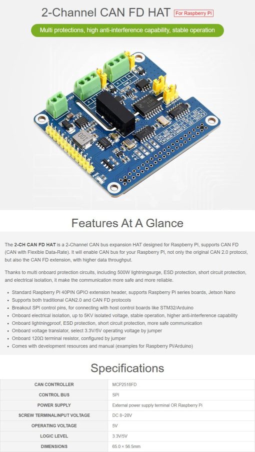 Waveshare 2-Channel Isolated CAN FD Expansion HAT para Raspberry Pi con Soporte para CAN FD y Circuitos de Proteccion Multiples - Imagen 3