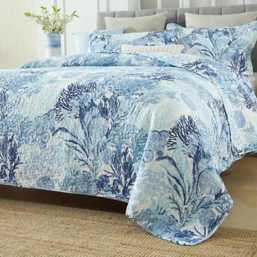 Juego de Colchas de Algodon de Ensueño Otoñal con Diseño Costero Reversible, Cobertores de Ropa de Cama, Edredones, Cama de Cuento de Hadas, Azul Oceano, Tamaño King - Imagen 2