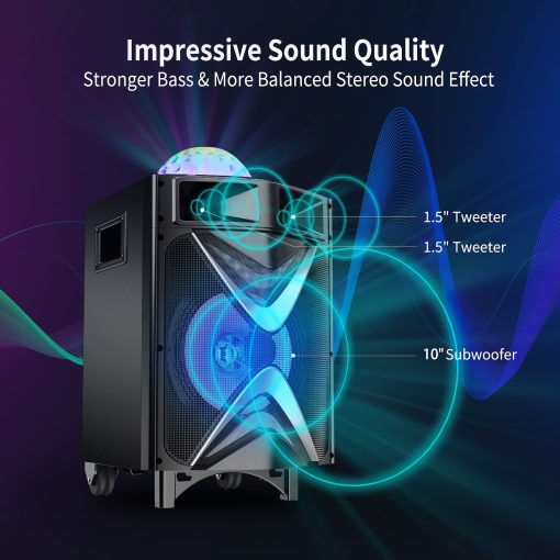 Maquina de Karaoke VeGue para Adultos y Ninos, Altavoz Bluetooth Sistema PA con 2 Microfonos Inalambricos, Subwoofer de 10'', Luz de Bola LED de Discoteca, Maquina de Canto para Karaoke en Casa, Fiesta, Iglesia (VS-1088) - Imagen 3