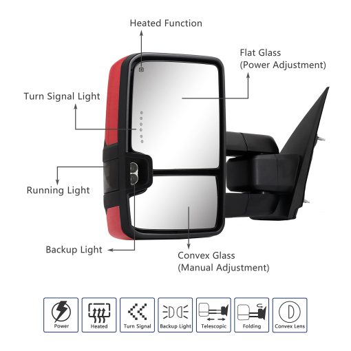 Espejo de remolque para Silverado Sierra - Compatible con 2014-2018 Chevy Silverado GMC Sierra 1500 2500 HD 3500 HD con vidrio calefactado ajustable por energia, luces de señal de giro y luz trasera (Pintado rojo) - Imagen 2