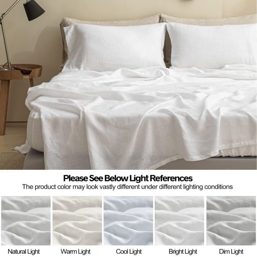 Juego de sabanas de lino Simple&Opulence 100% 4 piezas Estilo basico, Bolsillo profundo, Sabanas de cama de lino lavado frances solido suave y transpirable - Blanco, King - Imagen 6