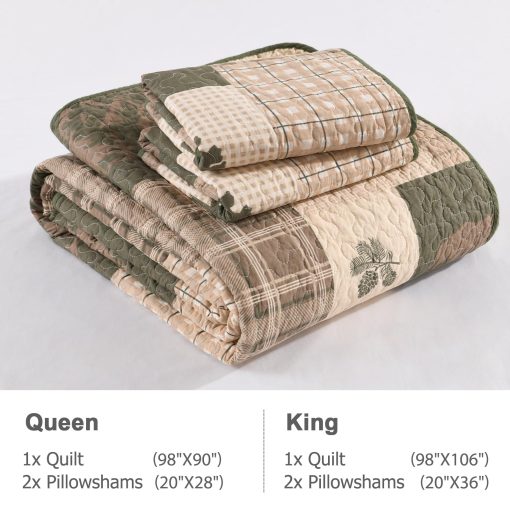 Edredon Queen Size Finlonte, 100% Algodon Edredon Cabana Queen, Juego de Edredon de Cabana de Granja Queen, Colcha Reversible Ligera para Todas las Estaciones, Marron/Verde Grisaceo/Beige - Imagen 5