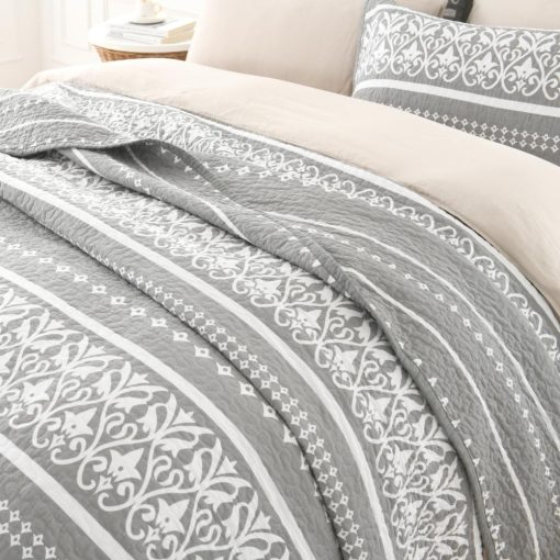 Juego de Colcha Boho Cinefoso, Colcha Queen Size 100% Algodon Gris Juego de Colcha Bohemio con Estampado de Rayas Cubrecama Reversible Conjunto de Ropa de Cama Ligera para Todas las Estaciones, Gris 3 Piezas - Imagen 5
