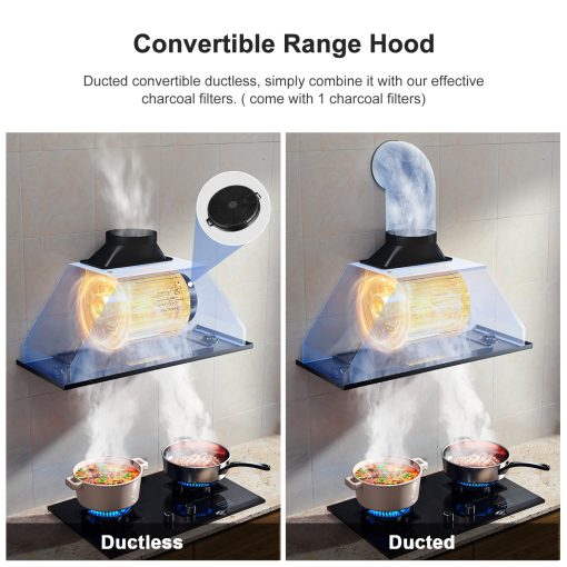 Campana extractora HisoHu de 30 pulgadas / 36 pulgadas, 900 CFM con Ducto Convertible Ductless (Kit Incluido), Campana de Cocina de Acero Inoxidable con 4 Velocidades de Escape (30'', Negro) - Imagen 5
