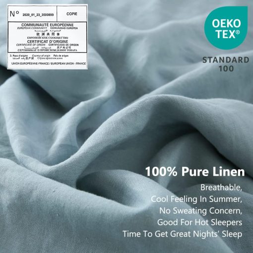 Juego de sabanas de lino Simple&Opulence 100% con bordado lavado - 3 piezas (1 sabana plana y 1 sabana ajustable y 1 funda de almohada) Flax natural suave ropa de cama transpirable estilo casa de campo - Azul Polvoriento, Tamano Twin - Imagen 2