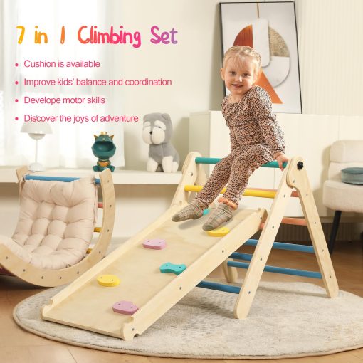 Set de Triangulo Pikler con Cojin, 7 en 1 Juguetes de Escalada para Ninos Pequenos en Interiores, Set de Escalada Montessori Plegable, Juguetes de Escalada de Madera para Ninos Pequenos de 1-3 Anos con Rampa, Arco y Escalera (Arcoiris) - Imagen 7