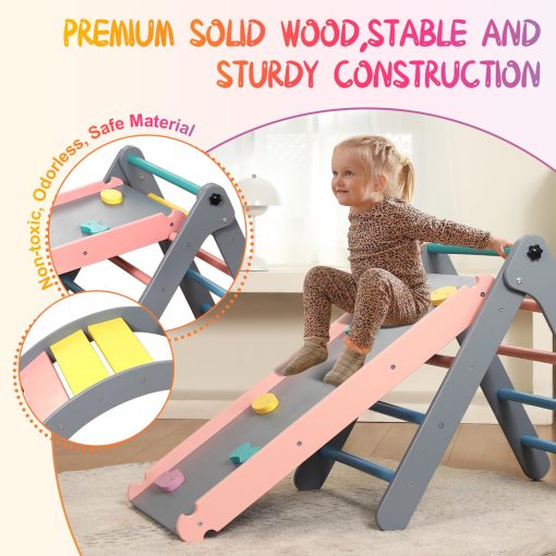 Set de Triangulo Pikler con Cojin, 7 en 1 Juguetes de Escalada para Ninos Pequenos en Interiores, Set de Escalada Plegable Montessori, Juguetes de Madera para Ninos Pequenos 1-3 Anos con Rampa, Arco y Escalera (Arcoiris con Azul) - Imagen 4