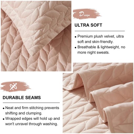 Edredon de Terciopelo Ivellow King Size, Rosa Colcha Ligera Completa Suave Reversible para Todas las Estaciones, Juego de Cama de Lujo de 3 Piezas de Terciopelo con Microfibra Cepillada con Cubierta Acolchada Bordada de Hojas - Imagen 5