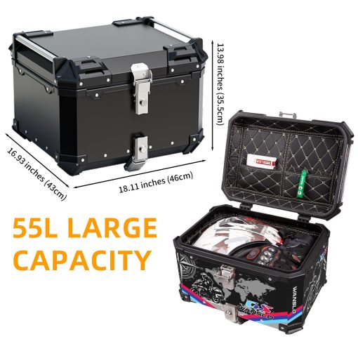 Caja superior de moto Wanslo 45L caja de cola de aluminio grueso estilo graffiti deportivo impermeable caja superior de equipaje con cerradura de seguridad - negro (55L) - Imagen 2