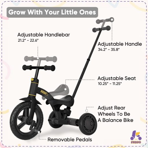Triciclo para niños KRIDDO 4 en 1 para 1.5 a 3 años con manillar de empuje de direccion parental, rueda delantera de 12 pulgadas, bicicleta de equilibrio para niños y niñas de 18 meses a 3 años, altura ajustable, negro - Imagen 5