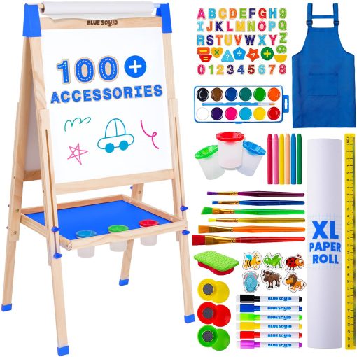Caballete de Arte Azul Squid para Ninos - Caballete de Madera Ajustable de Doble Cara con Pizarra Magnetica, Pizarra Blanca y Rollo de Papel - Incluye Mas de 100 Accesorios, Ideal para Ninos de 3 a 12 anos