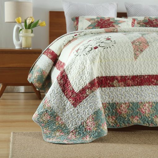 Juego de Colchas de Algodon Camandy, 3 Piezas de Edredones Reversibles con Estampado Estrella y Floral Rojo Real, Tamano Queen - Imagen 7