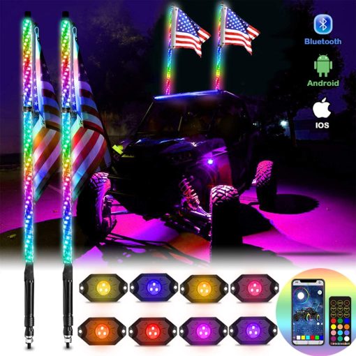 Paquete de 2 luces LED de latigo de 3 pies y luces de roca de 3? generacion con Bluetooth y control remoto 360° Spiral Chase RGB 8 Pods Luz de neon Luces de advertencia offroad Luces de antena iluminadas con LED