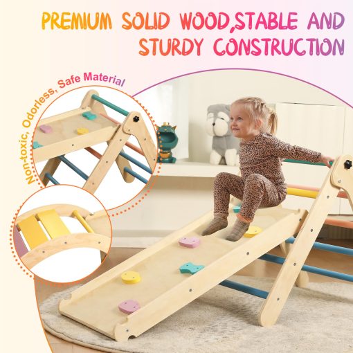 Set de Triangulo Pikler con Cojin, 7 en 1 Juguetes de Escalada para Ninos Pequenos en Interiores, Set de Escalada Montessori Plegable, Juguetes de Escalada de Madera para Ninos Pequenos de 1-3 Anos con Rampa, Arco y Escalera (Arcoiris) - Imagen 2