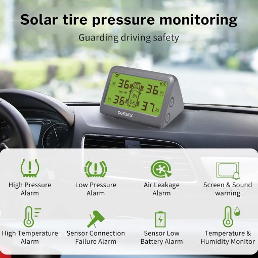 Sistema de monitoreo de presion de neumaticos TPMS, 0-116 Psi, con 6 modos de alarma, intercambio de posicion de neumaticos, valor de presion frontal / trasera ajustable por el usuario, temperatura y humedad, carga solar y magnetica para automoviles de 4 ruedas - Imagen 2