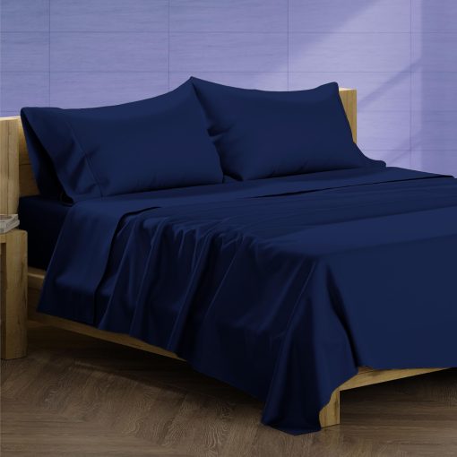 Juego de sabanas de lino XOOX para cama King de algodon egipcio - 1500 hilos Juego de sabanas de algodon egipcio para cama King, sabanas de lujo para cama King, sabanas de bolsillo profundo de alto recuento de hilos, se ajusta hasta 19" - Azul Marino