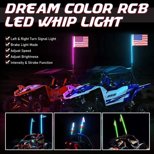 Luces de latigo LED de color de ensueño, señal de giro y freno y advertencia, control remoto, Antena de luz en espiral de baile de 360 grados, Paquete de 2PCS Luces de latigo LED RGB para UTV ATV RZR Fuera de carretera Camiones 4X4 Buggy Duna, 3FT - Imagen 8