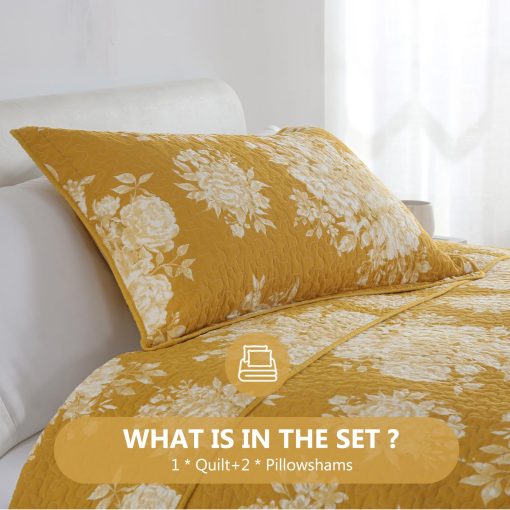 Colcha de Tamaño King 100% algodon DUOHONG, Amarillo Floral Juego de Cama King Colcha Ropa de Cama Ligera Edredon para Cama King, 3pcs, Amarillo Abeto - Imagen 6
