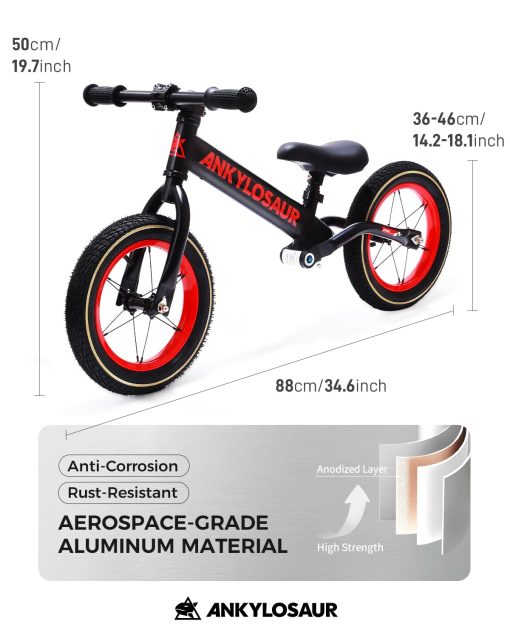 Bicicleta de Equilibrio ANKYLOSAUR 12" para Ninos de 2.5 a 5 Anos, Elegante Negro, Cuadro de Aluminio Ultraligero de 7.2lb, Neumaticos Inflables Antideslizantes y Absorbentes de Impacto, Asiento Ajustable - Perfecto para Ninos Aventureros - Imagen 3