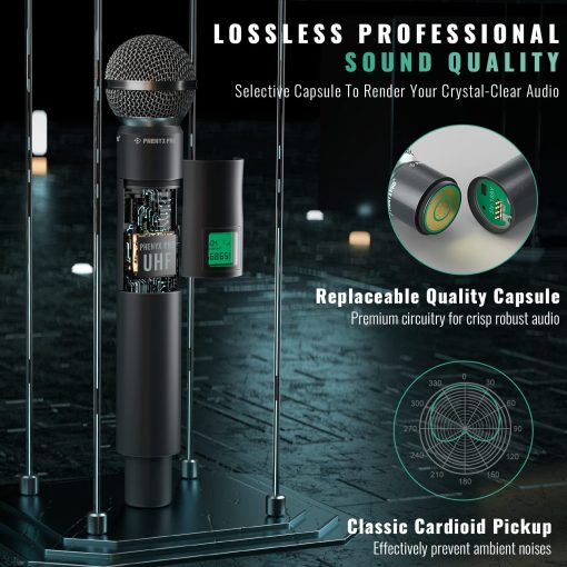 Sistema de microfono inalambrico Phenyx Pro, Microfono inalambrico UHF de 4 canales, Microfono inalambrico de frecuencia fija de metal con 4 microfonos dinamicos de mano, Rango de 260 pies, Microfono para cantar, Iglesia (PTU-5000-4H) - Imagen 4