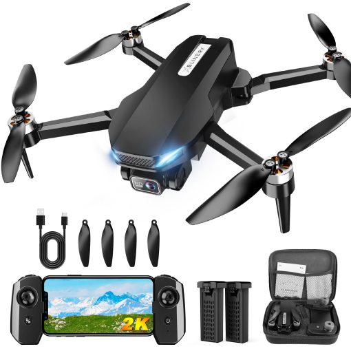 Drone con Camara, Drone 2K FPV con Motor Brushless, Altitude Hold, Gestos Selfie, Despegue/Aterrizaje de un Solo Boton, Acrobacias 3D, Vuelo por Puntos, 2 Baterias, Drones Plegables para Niños y Principiantes