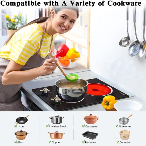Jessier 12 Pulgadas Cocina Electrica - 2 Quemadores Incrustados Cocina Radiante Electrica con Control de Perilla, Estufa Electrica de Ceramica con 9 Niveles de Calentamiento, Indicacion de Calor Residual, 220-240V Cableado Duro (Sin Enchufe) - Imagen 3