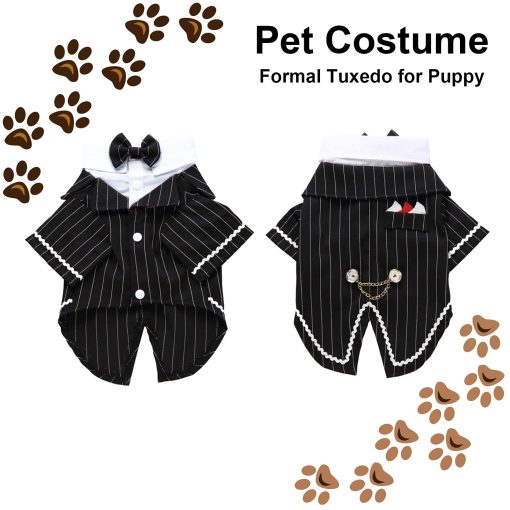Traje de Esmoquin para Perro HACRAHO, 1 paquete de Esmoquin para Perro Negro con Corbata de Mono a Rayas para Perros Pequenos Gatos Cachorros, Circunferencia del Pecho 18.90" - Imagen 3