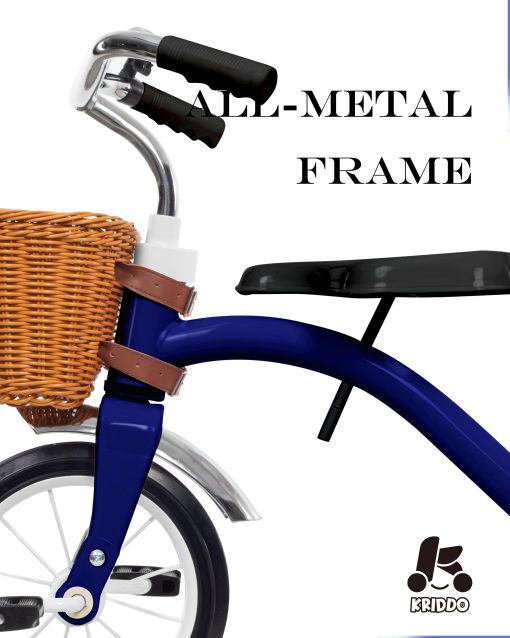 Triciclo clasico de metal para ninos y ninas de 2 a 4 anos, regalo para ninos y ninas, triciclo para ninos de 1 a 3 anos, resistente plataforma trasera, direccion deluxe y agarre ergonomico, para interior y exterior, azul - Imagen 4