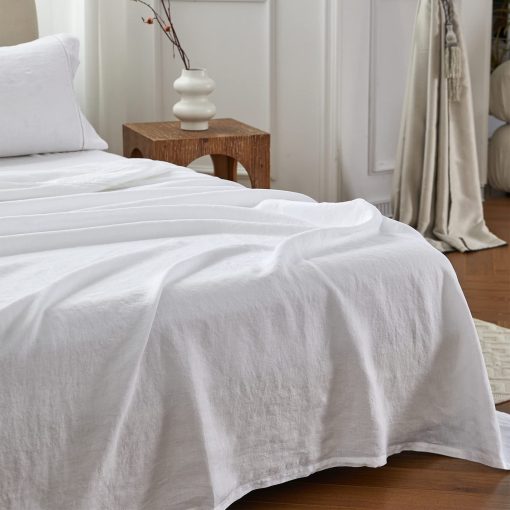 Juego de Sabanas Simple&Opulence 100% Lino con Ribete de Ovillos - 4 Piezas de Sabanas de Cama de Lino Europeo Puro Lavado (1 Sabana Plana, 1 Sabana Ajustable, 2 Fundas de Almohada) - Transpirable y Suave (Blanco Ovillos, King) - Imagen 7