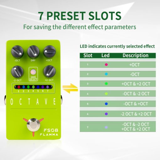 Pedal de octava para guitarra electrica FLAMMA FS08 con efectos de octava polifonica y control de senal seca 7 ajustes preestablecidos - Imagen 2
