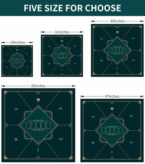 Nuventi Tapete de Poker Square Foldable de 24/31/39/47/55 pulgadas para 6 Jugadores, Layout Portatil Antideslizante de Goma para Juego de Cartas Texas Hold'em para Fiesta Familiar, Casino - Imagen 2