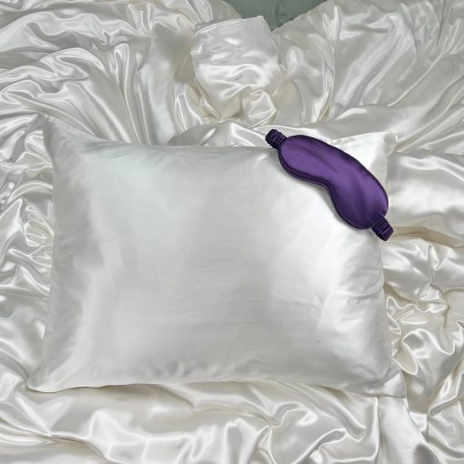 Set de Regalo de Funda de Almohada y Antifaz de Seda Mulberry Park - 100% Grado 6A, 22 Momme Seda de Morera Charmeuse - Funda de Almohada Tamano Queen con Cierre de Cremallera Oculta (20" x 30"), Blanco/Morado - Imagen 7