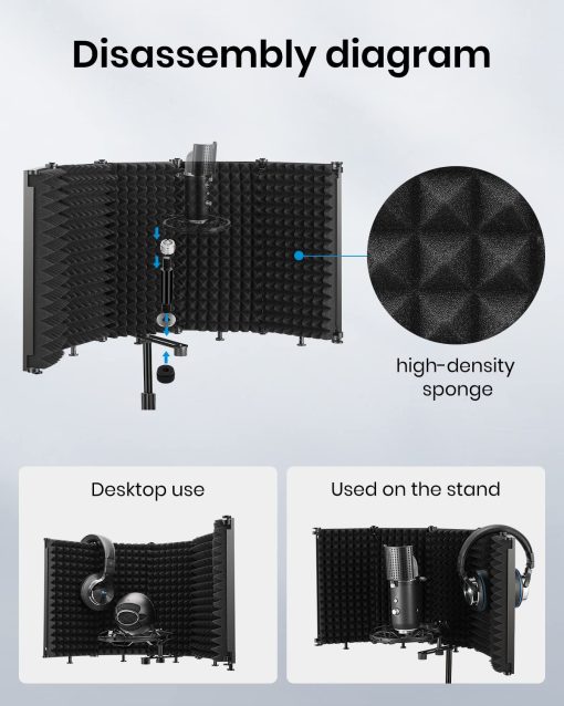 Moukey Escudo Aislante para Microfono, Pantalla Plegable con Triple Aislamiento de Sonido, Filtro de Reflexion con Montaje de Rosca para Microfono de 3/8" y 5/8" para Estudio de Grabacion, Podcasts, Canto y Radiodifusion - Imagen 5