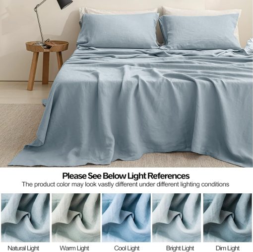 Juego de sabanas de lino Simple&Opulence 100% 4 piezas Estilo Basico, Bolsillo Profundo, Lino frances lavado natural Suave Sabanas transpirables - Azul Polvoriento, Tamaño Queen - Imagen 6