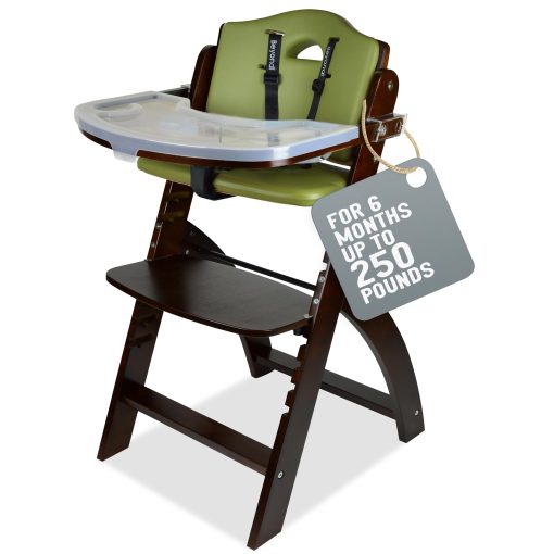 Silla alta convertible de madera Abiie Beyond Junior para bebes y ninos pequenos. Silla alta ajustable 3 en 1 con bandeja desmontable, facil de limpiar, portatil. De 6 meses hasta 250 libras. Madera caoba / Cojin oliva