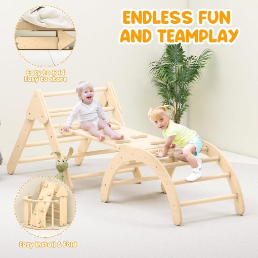Juguetes de Escalada para Ninos Pequenos Zupemo, Set de Triangulo Pikler Montessori para Ninos Pequenos en Interiores, Set de Escalada Plegable con Arco, Rampa, Triangulo, Tobogan, Balancin, Gimnasio de Triangulo de Madera Pikler en Interiores - Imagen 4