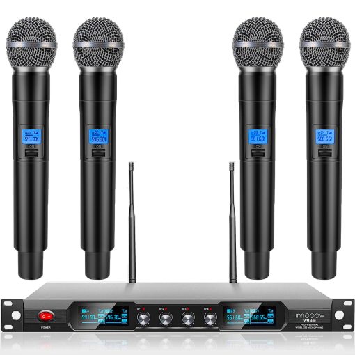 Sistema de Microfono Inalambrico de 4 Canales innopow, Microfono Inalambrico de Metal Quad UHF, 4 Microfonos de Mano, Distancia Larga de 150-200Ft, Frecuencia Fija, Uso de 16 Horas para Canto de Karaoke, Iglesia
