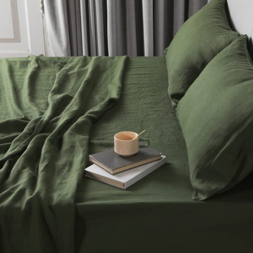 Juego de sabanas de lino verde musgo King XZ XIFA, 100% lino frances, 175 GSM, 1 sabana plana, 1 ajustada, 2 fundas de almohada, bolsillo profundo, lavado, organico, refrigerante, se ablanda con el lavado