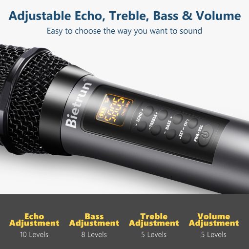 Microfono inalambrico Bietrun con Eco/Agudos/Graves, Rango UHF de 160 pies, Sistema de microfono de mano dinamico inalambrico UHF dual para Karaoke en casa, Reunion, Fiesta, Boda (Receptor con Bluetooth) - Imagen 3
