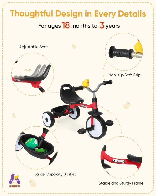 Triciclo para Ninos KRIDDO para 18 Meses a 3 Anos, Triciclo Plegable para Ninos con Canasta de Almacenamiento, Triciclo para Ninos de 2 Anos, Asiento Ergonomico Ajustable Facil de Transportar, Estructura Estable para Paseos Suaves, Rojo - Imagen 4